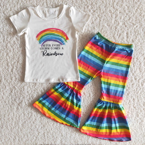 Baby Girls Rainbow Short Sleeve and Colorful Stripe Bell Bottoms Pants Sets