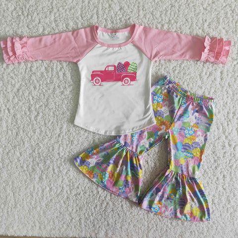6 B1-21 Easter Baby Girls Kids Pickup Egg Ruffles Sleeve and Bell Bottoms Sets