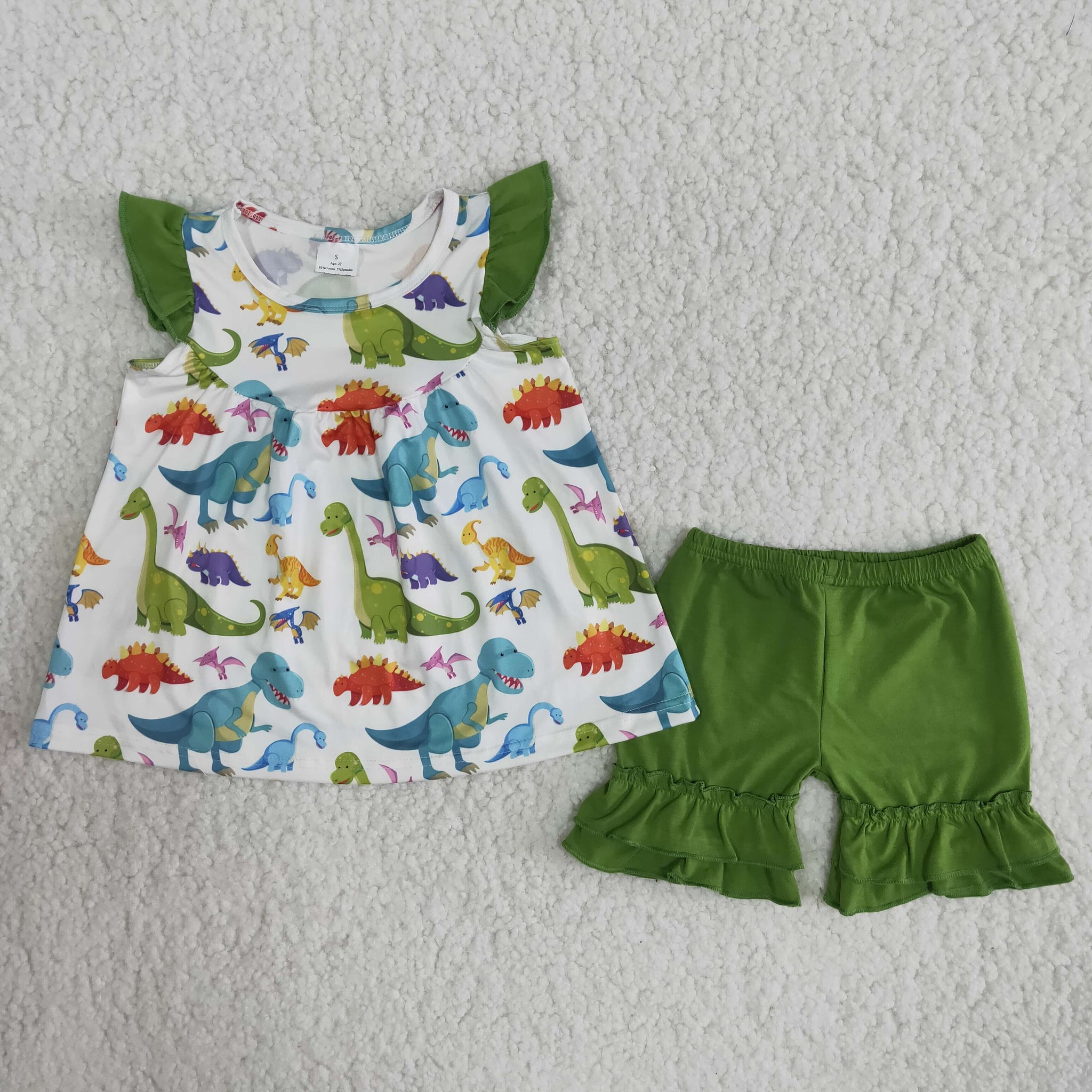 B9-2 Baby Girls Dinosaur Summer Pearl Sleeve Shorts Sets