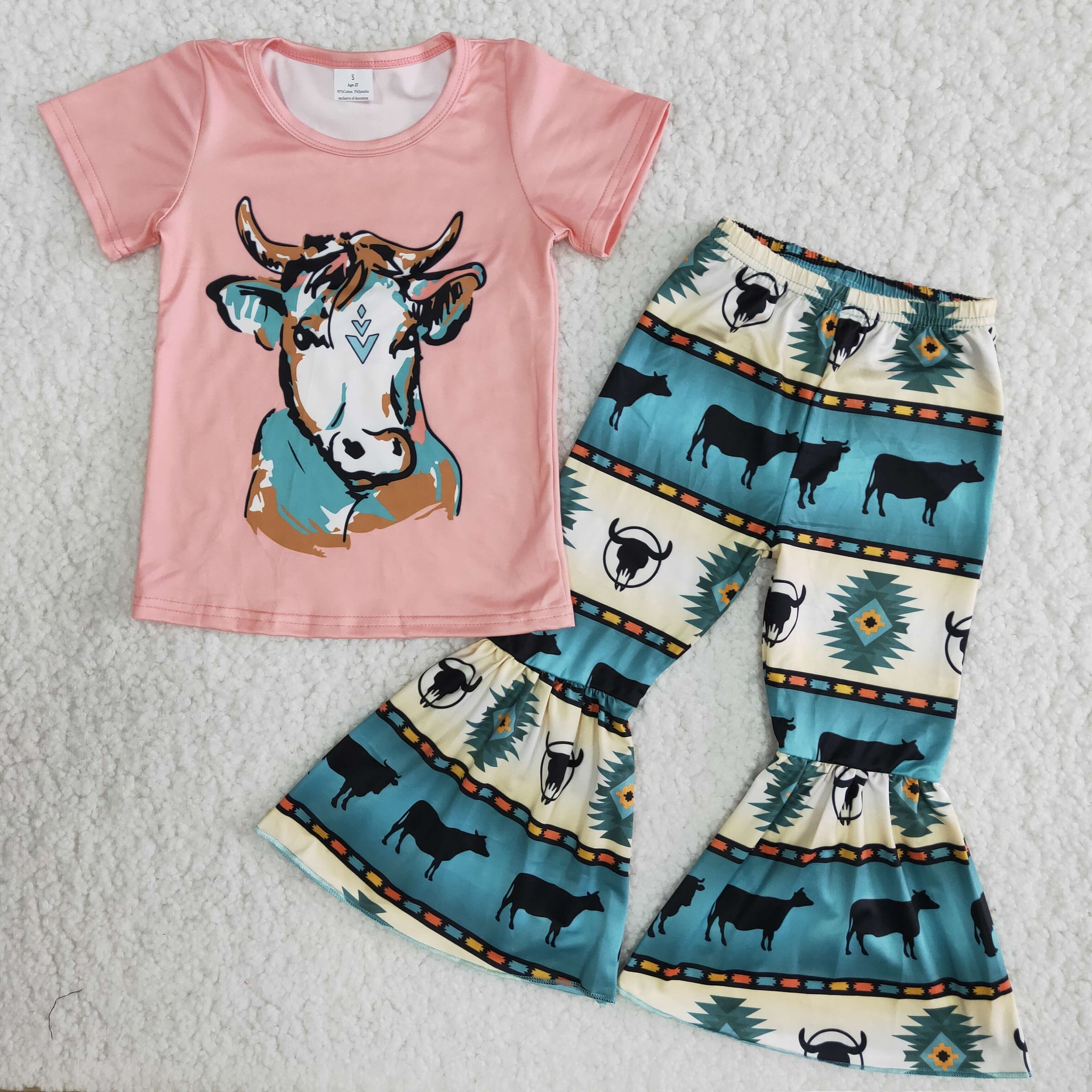 Farm Outfits Baby Kids Girls Heifer Short Sleeve Bell Bottoms Pants Sets