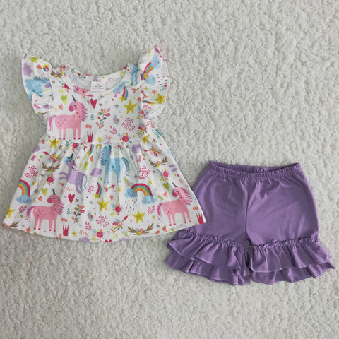 C10-3 Baby Girls Unicorn Pearl Sleeve Summer Shorts Sets