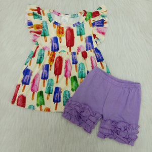 A6-22 Baby Girls Ice cream Pearl Sleeve Summer Shorts Sets