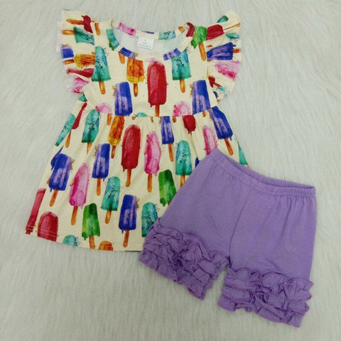 A6-22 Baby Girls Ice cream Pearl Sleeve Summer Shorts Sets
