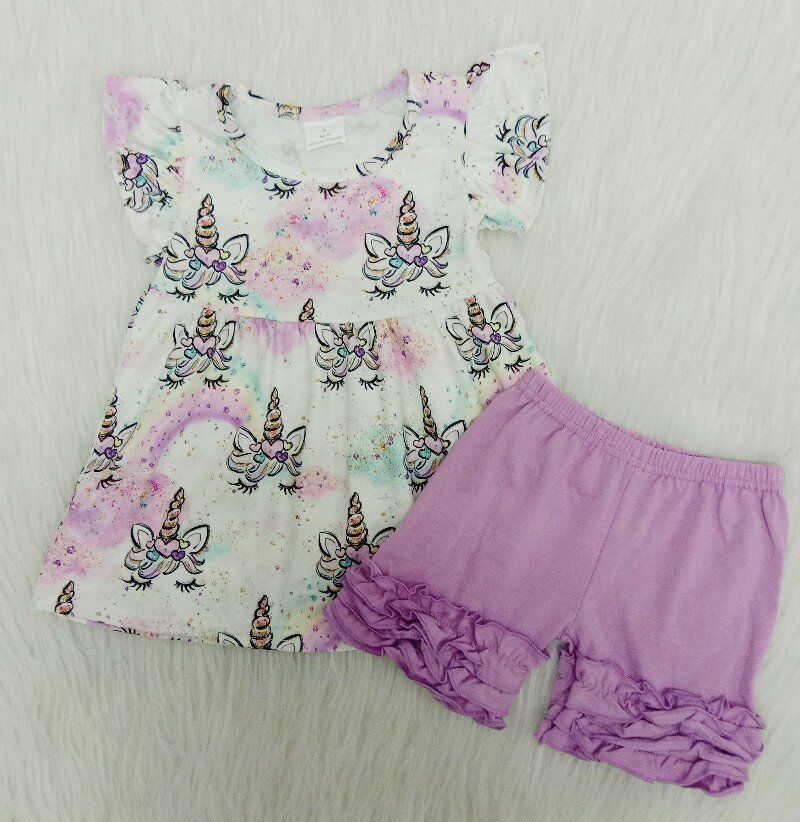 B17-24 Baby Girls Unicorn Pearl Sleeve Summer Shorts Sets