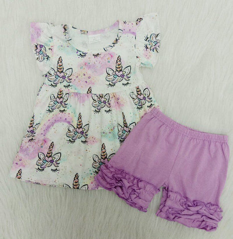 B17-24 Baby Girls Unicorn Pearl Sleeve Summer Shorts Sets