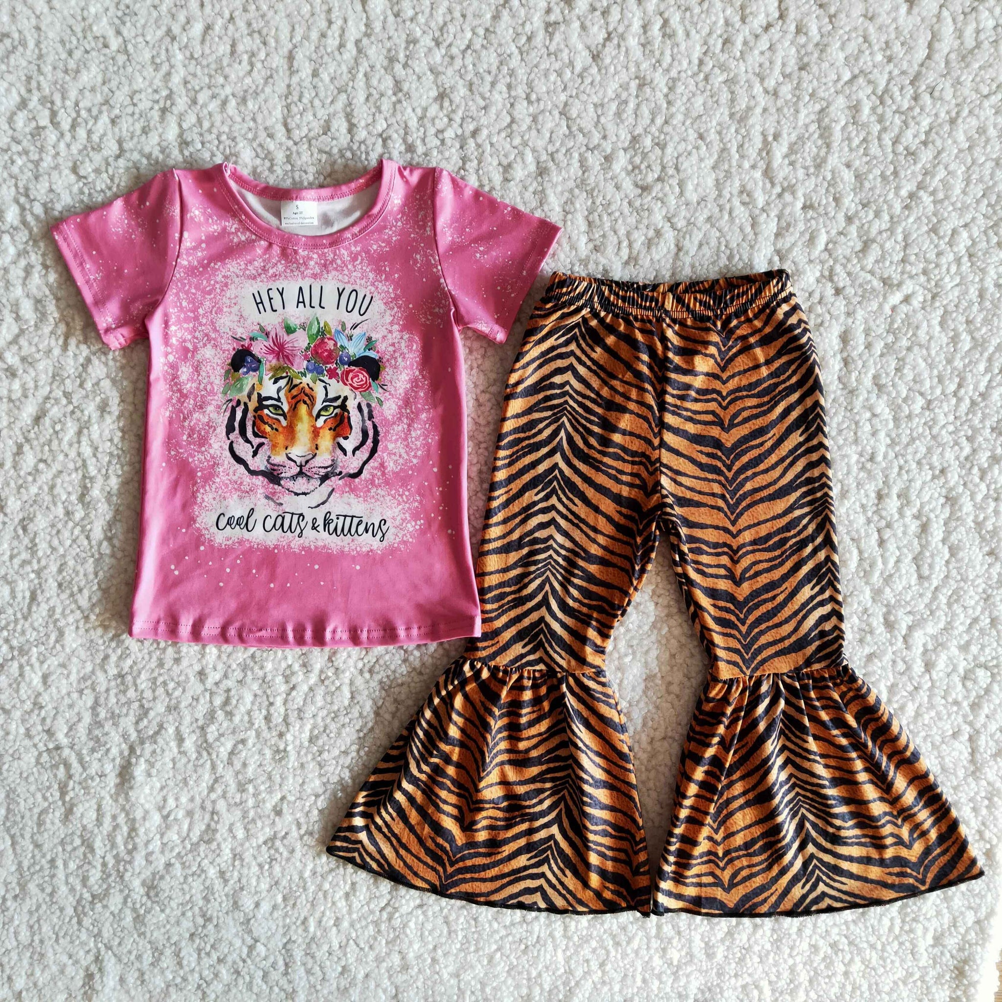 B11-14 Baby Girls Tiger Short Sleeve and Bell Bottoms Pants Sets