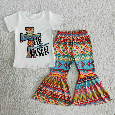 Easter Western Style Designer Baby Girls Kids Short Sleeve and Bell Bottoms Sets