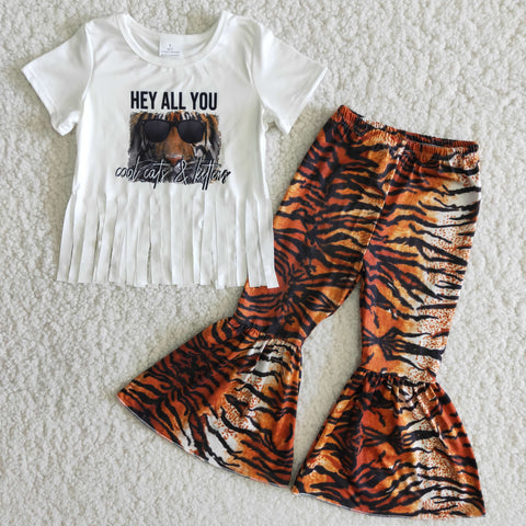 B12-16 Baby Girls Tassel Tiger Short Sleeve and Bell Bottoms Pants Sets