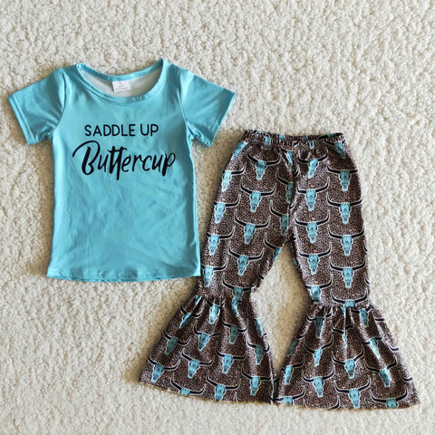 C5-27 Baby Girls Bull Short Sleeve and Bell Bottoms Pants Sets