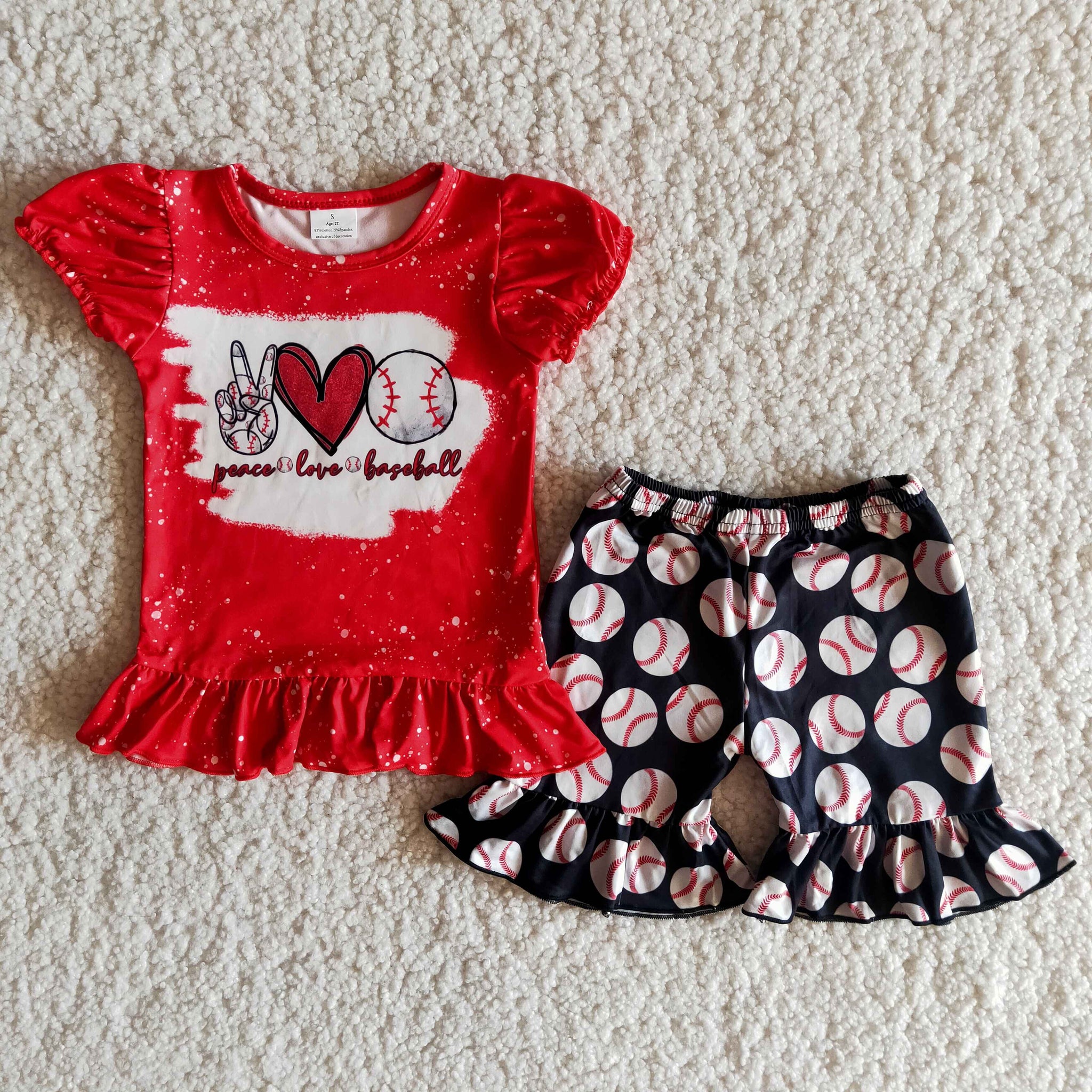 B10-3 Peace Love Bleached Baby Girls Lantern Sleeve Summer Shorts Sets