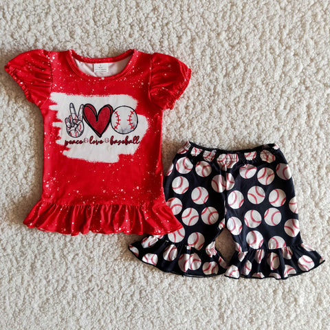 B10-3 Peace Love Bleached Baby Girls Lantern Sleeve Summer Shorts Sets
