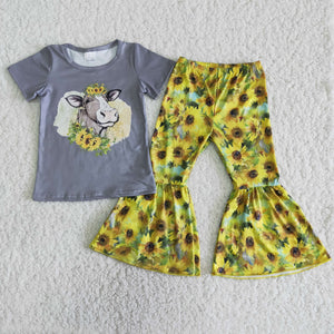 B9-15 Farm Heifer Sunflower Short Sleeve and Bell Bottoms Pants Sets