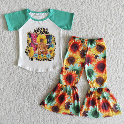 B9-3 Bull Sunflowr Short Sleeve and Bell Bottoms Pants Sets