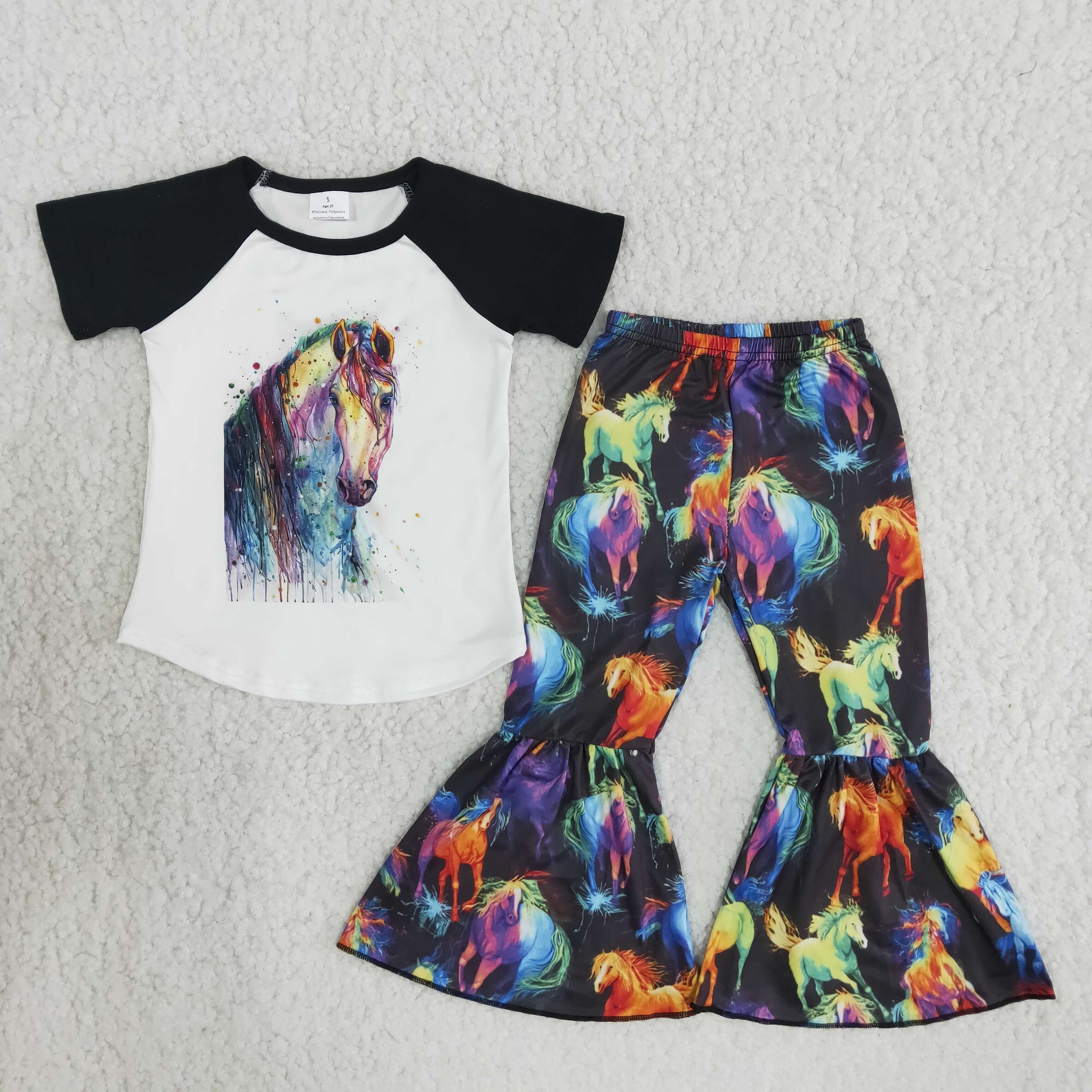 Colorful Horse Baby Girls Short Sleeve and Bell Bottoms Pants Sets