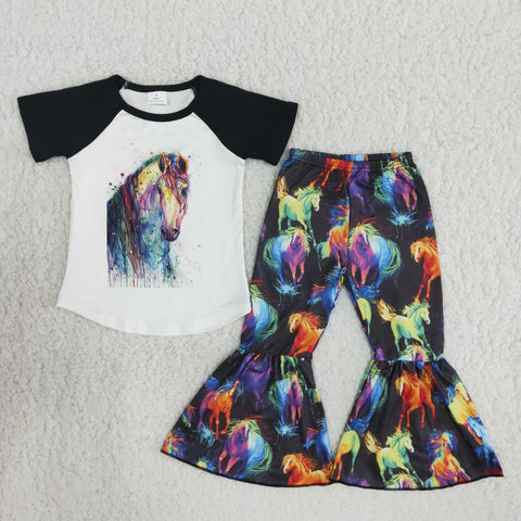 Colorful Horse Baby Girls Short Sleeve and Bell Bottoms Pants Sets