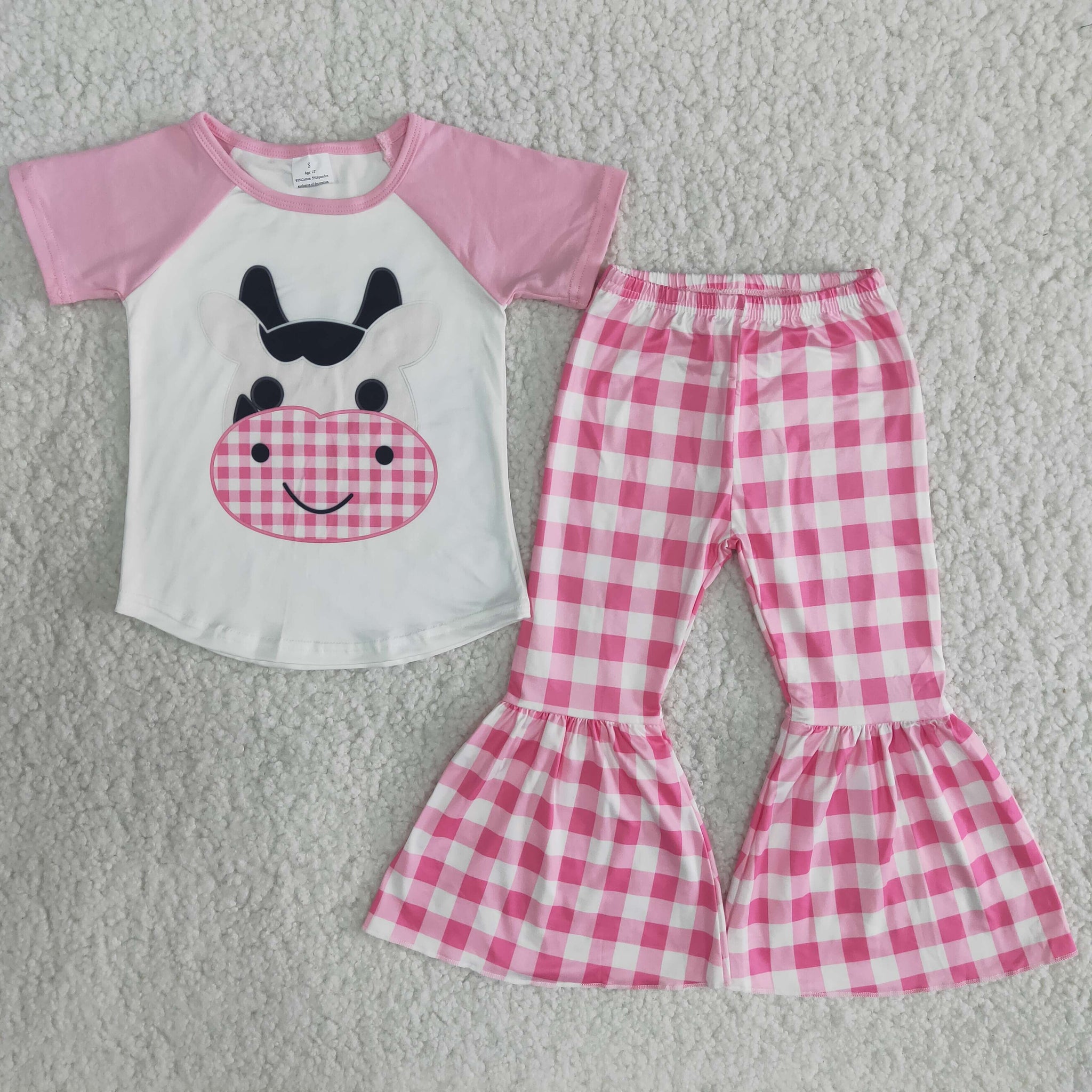 B9-11 Farm Pink Cow Short Sleeve and Grid Bell Bottoms Pants Sets