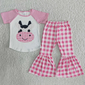 B9-11 Farm Pink Cow Short Sleeve and Grid Bell Bottoms Pants Sets