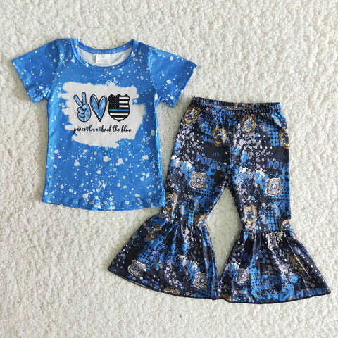 B8-2 Blue Bleached Short Sleeve and Bell Bottoms Pants Set