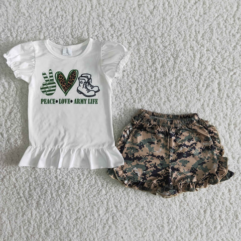B8-14 Baby Girls Lantern Short Sleeve Camouflage Summer Shorts Sets