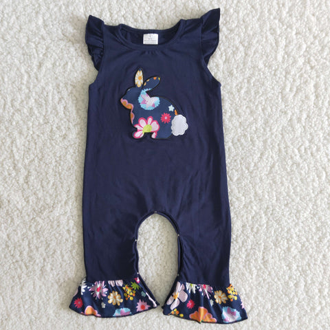 B8-11 Easter Embroidery Floral Bunny Pearl Romper