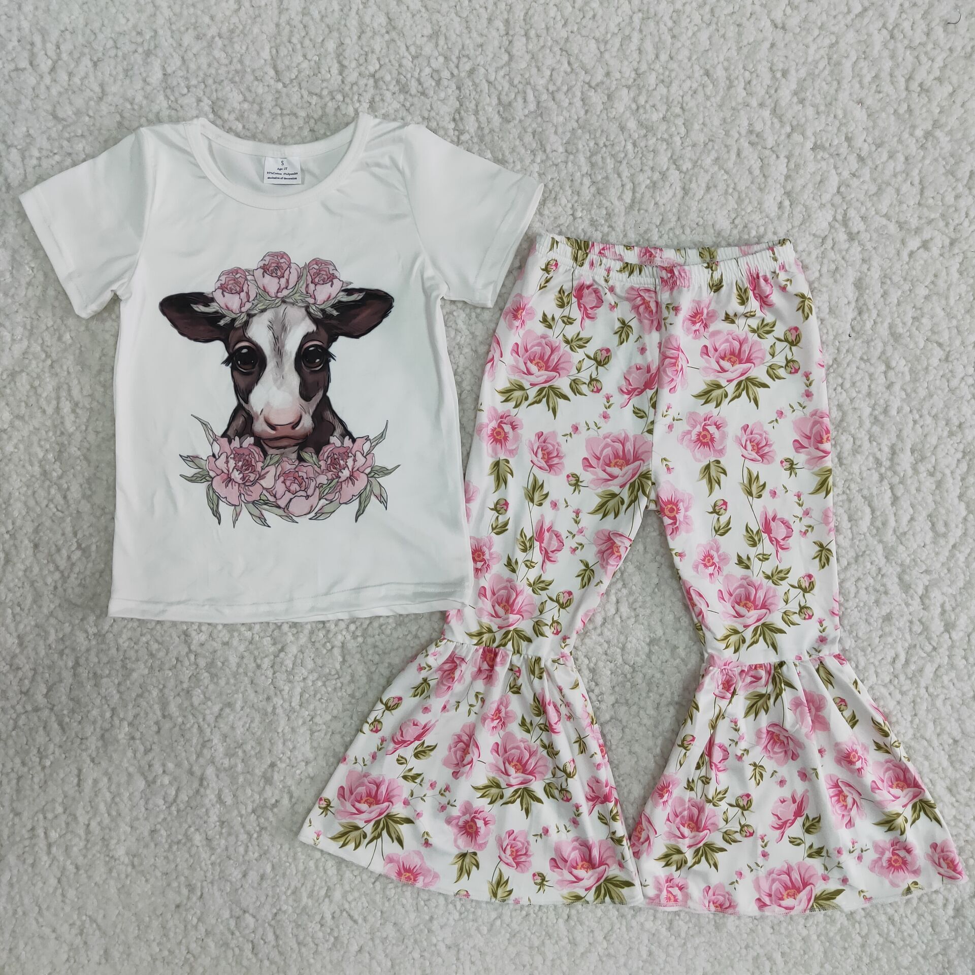 B7-11 Farm Heifer Flower Baby Girls Short Sleeve and Bell Bottoms Pants Sets
