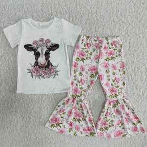 B7-11 Farm Heifer Flower Baby Girls Short Sleeve and Bell Bottoms Pants Sets