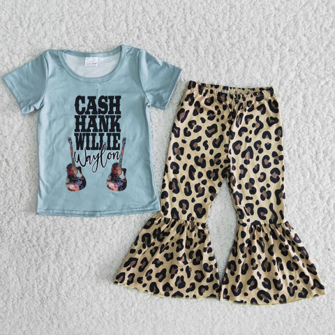 Baby Girls Short Sleeve and Leopard Bell Bottoms Pants Sets