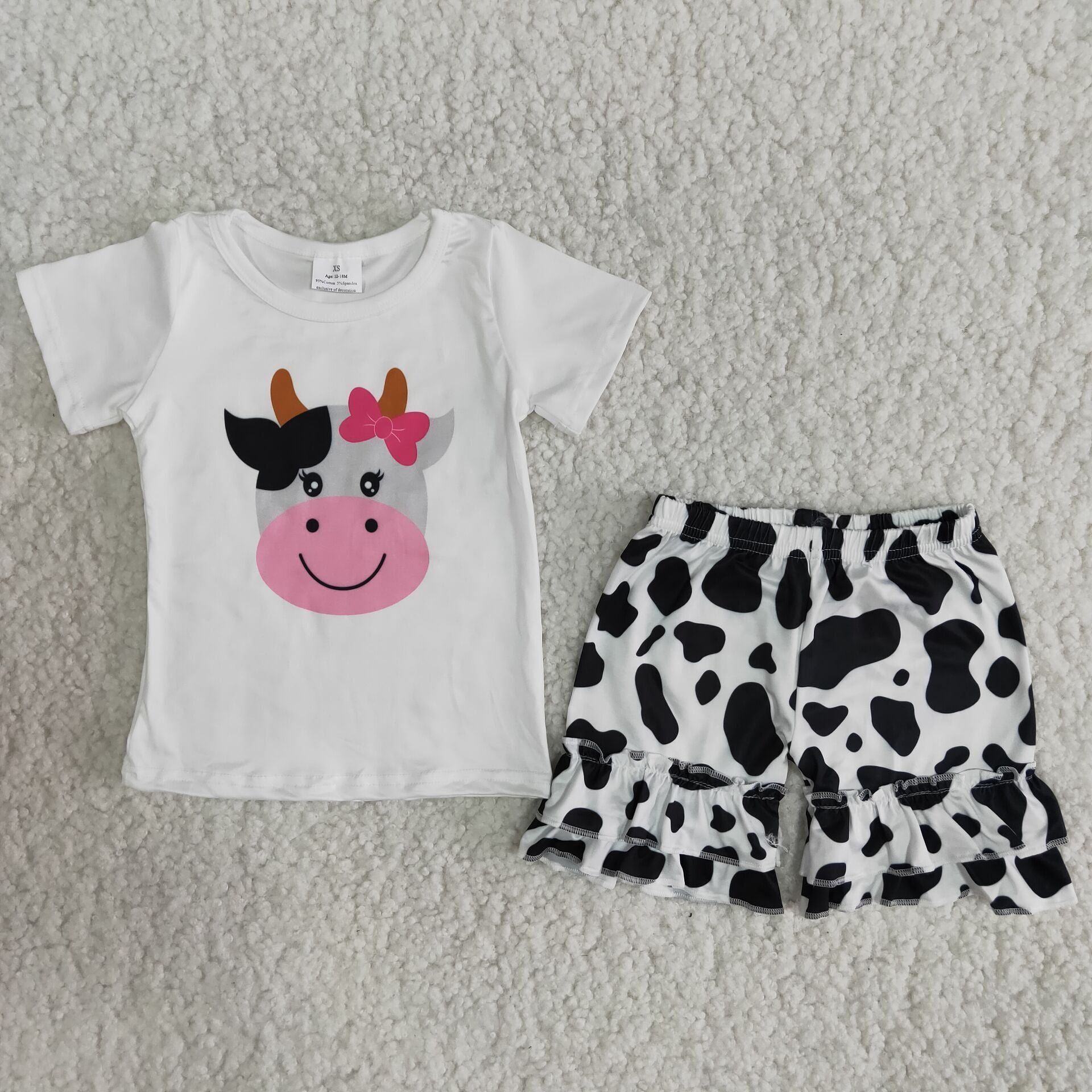 B5-23 Farm Baby Girls Short Sleeve Cows Printed Summer Shorts Sets