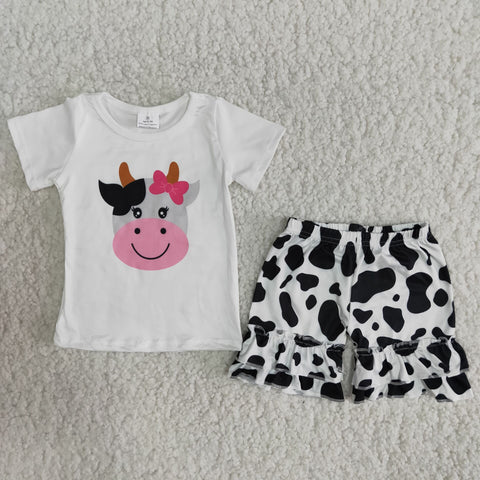 B5-23 Farm Baby Girls Short Sleeve Cows Printed Summer Shorts Sets