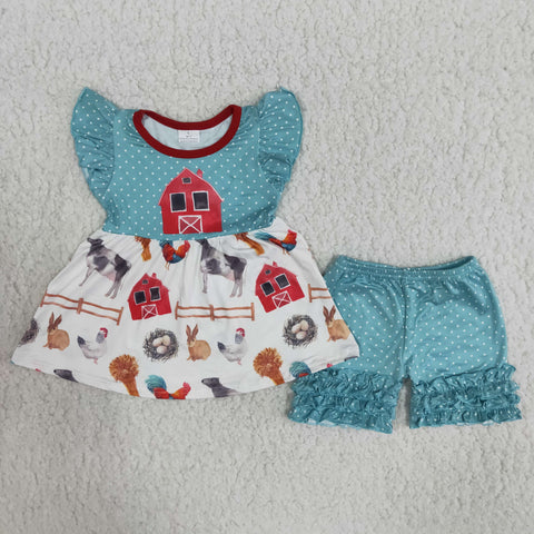 B7-2 Farm Baby Girls Pearl Sleeve Cows Printed Summer Shorts Sets