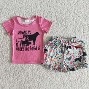 B5-22 Farm Baby Girls Short Sleeve Pig Dog Printed Summer Shorts Sets