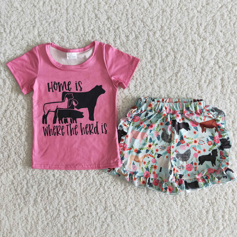 B5-22 Farm Baby Girls Short Sleeve Pig Dog Printed Summer Shorts Sets