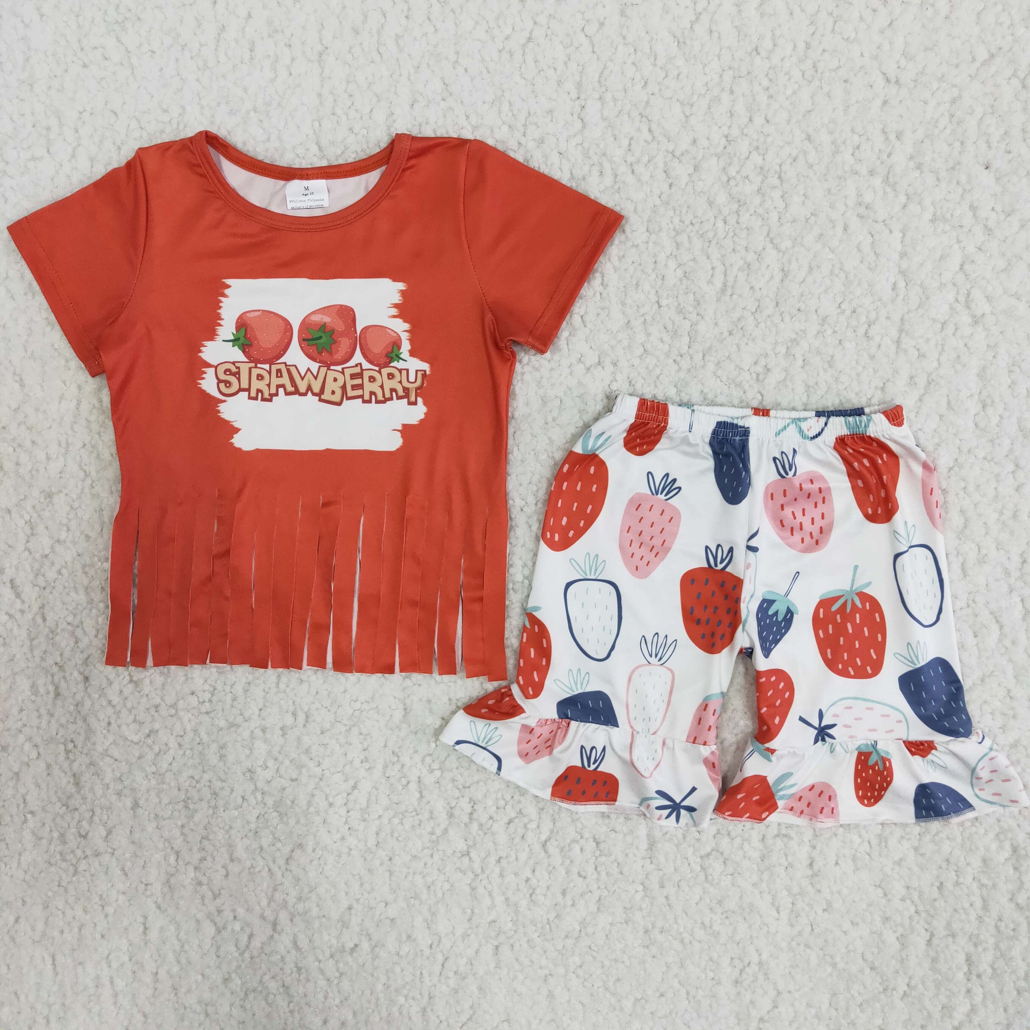 B5-4 Strawberry Tassel Baby Girls Short Sleeve Summer Shorts Sets