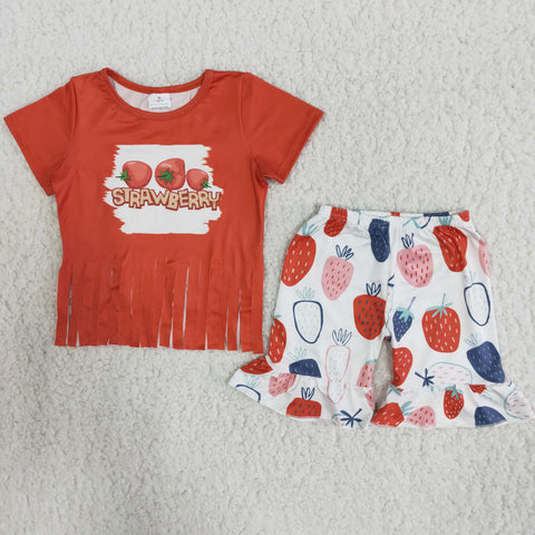 B5-4 Strawberry Tassel Baby Girls Short Sleeve Summer Shorts Sets