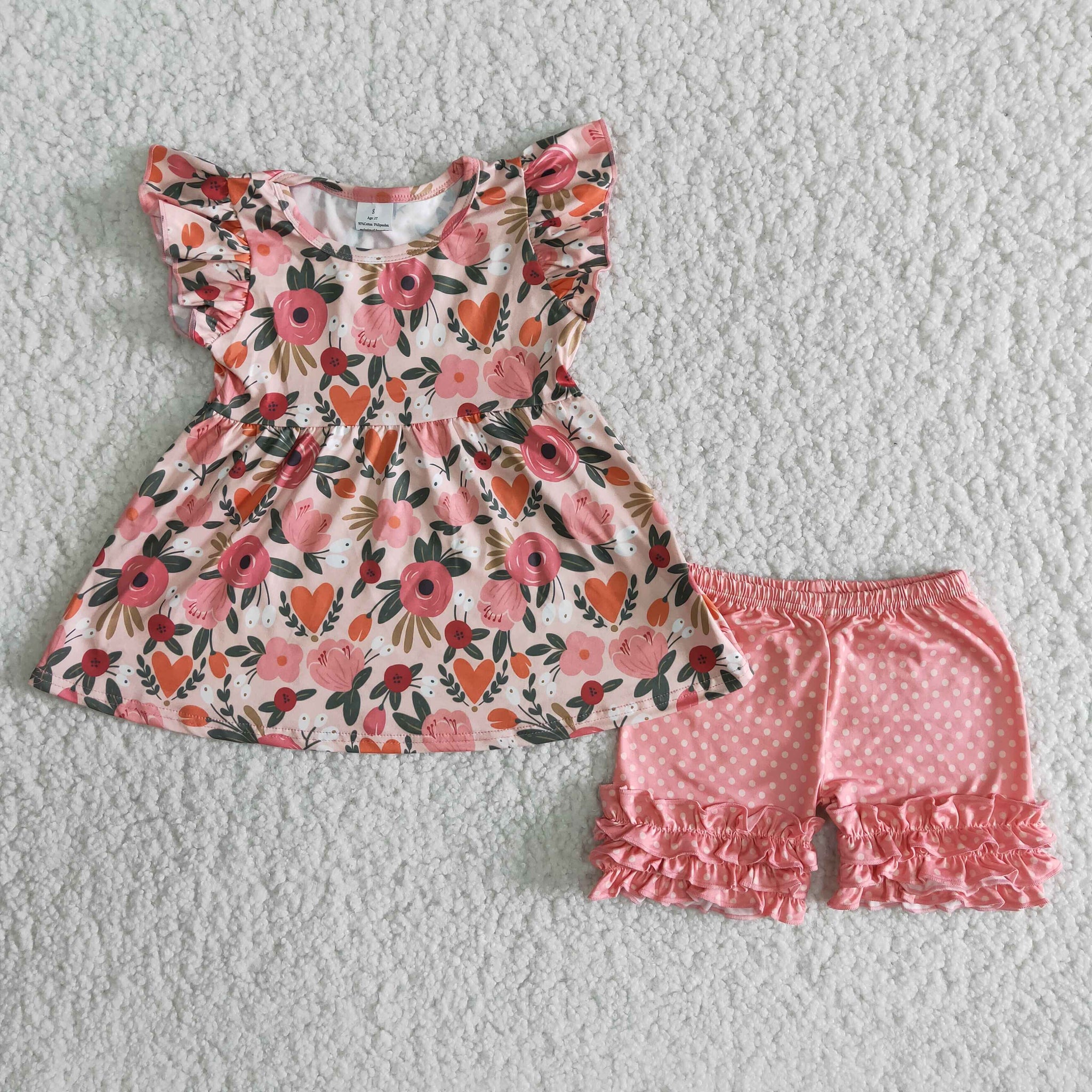 B6-13 Flower Baby Girls Pearl Sleeve Summer Shorts Sets