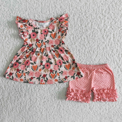 B6-13 Flower Baby Girls Pearl Sleeve Summer Shorts Sets