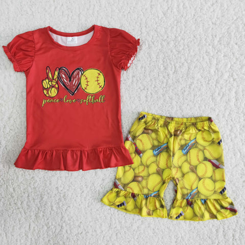 B4-24 Peace Love Ball Baby Girls Lantern Sleeve Summer Shorts Sets