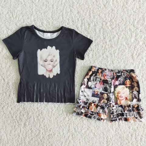 B5-1 Black Tassel Baby Girls Short Sleeve Ruffles Short Pants Summer Shorts Sets
