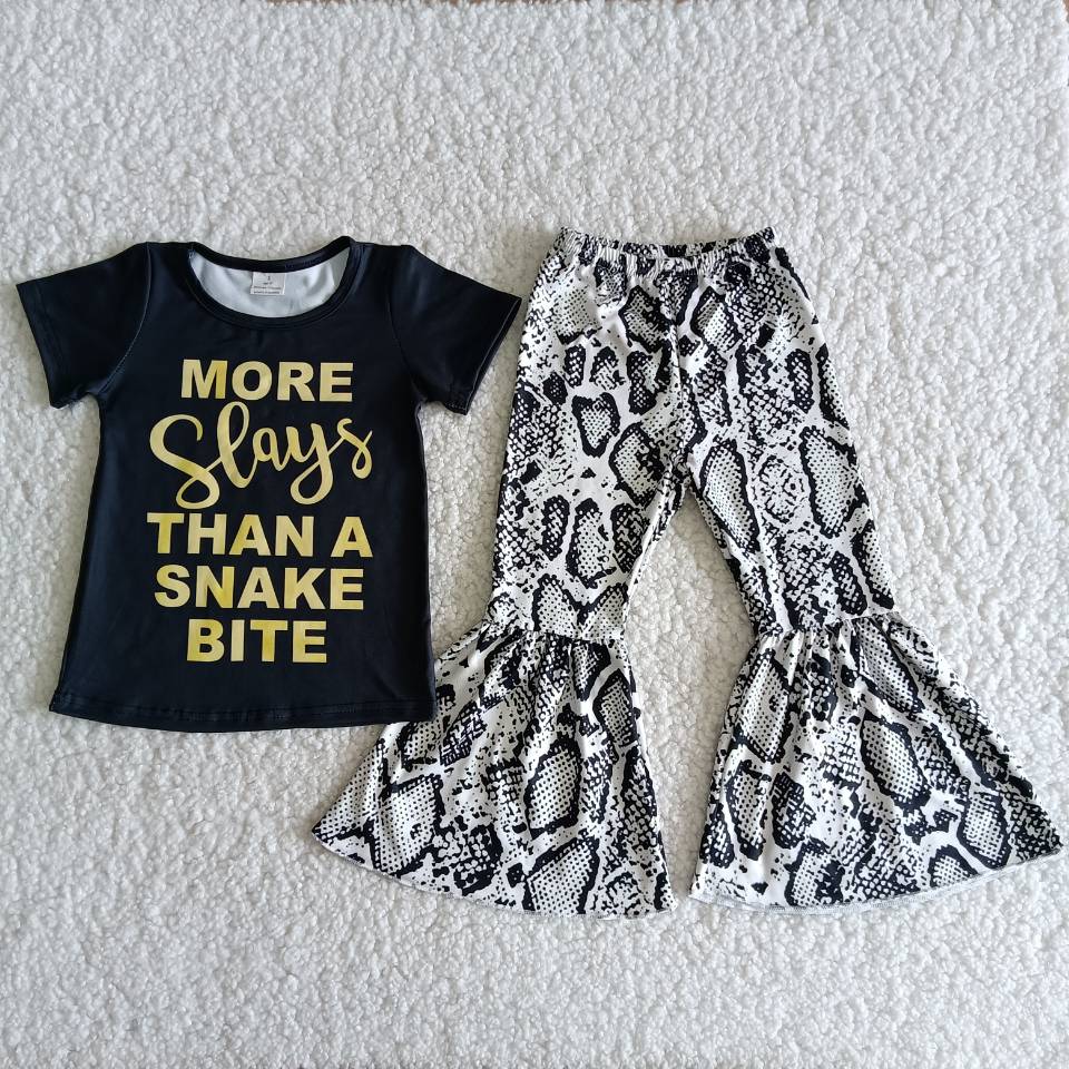 B3-24 Baby Girls Snake Skin Printed Short Sleeve and Bell Bottoms Pants Sets