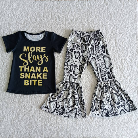 B3-24 Baby Girls Snake Skin Printed Short Sleeve and Bell Bottoms Pants Sets