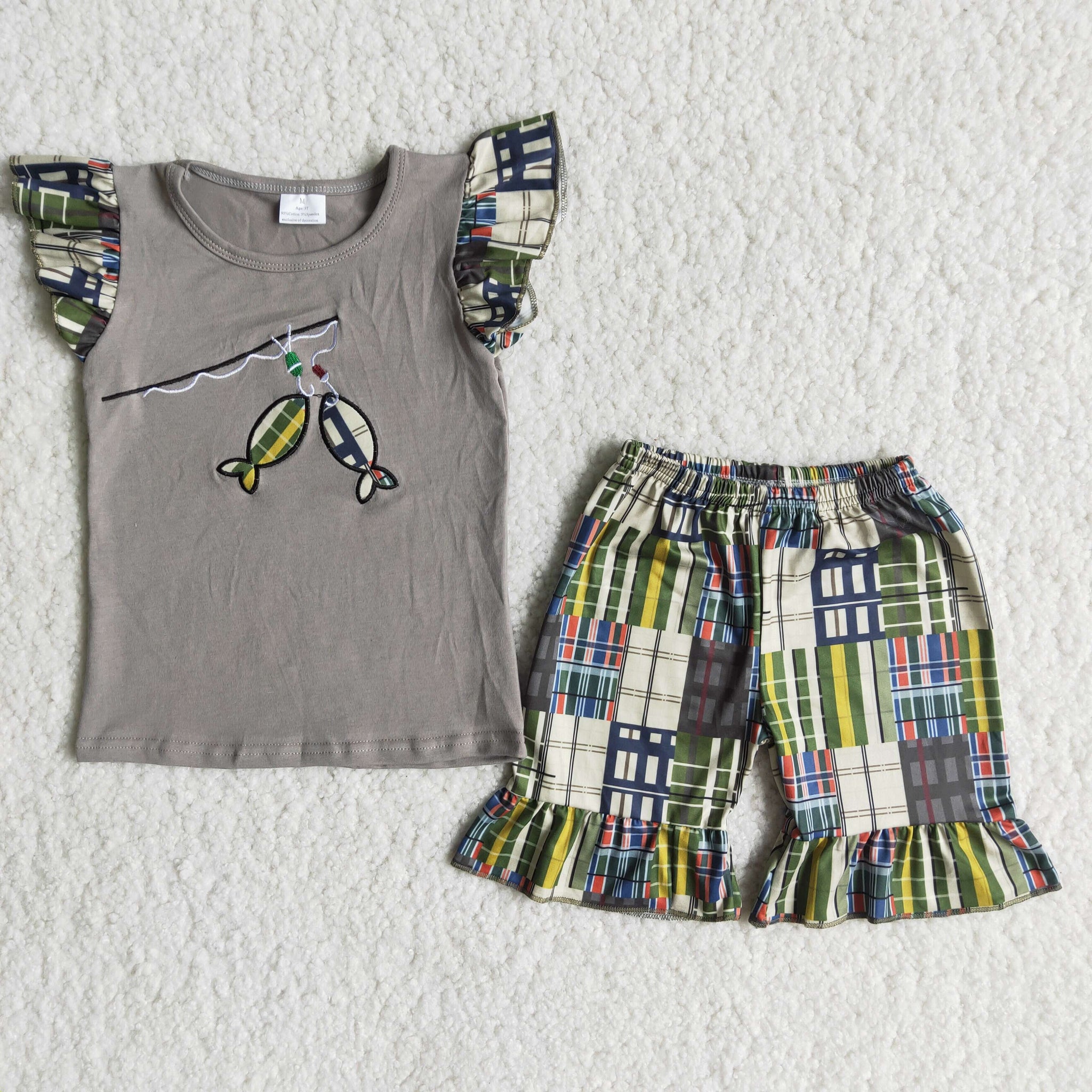 B3-15 Baby  Girls Embroidery Fish Summer Pearl Sleeve Shorts Sets