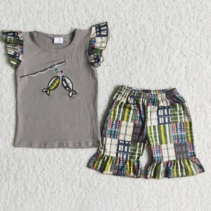 B3-15 Baby  Girls Embroidery Fish Summer Pearl Sleeve Shorts Sets