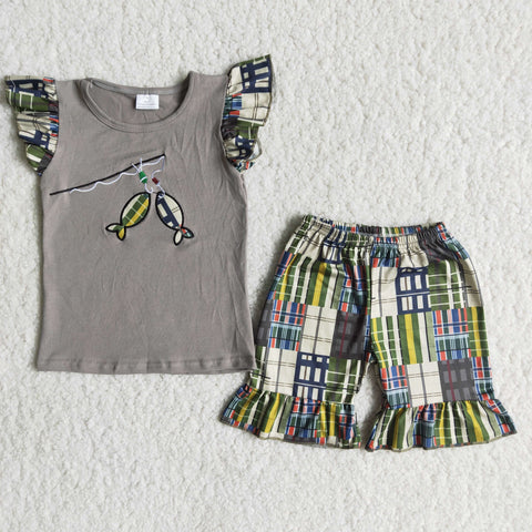 B3-15 Baby  Girls Embroidery Fish Summer Pearl Sleeve Shorts Sets