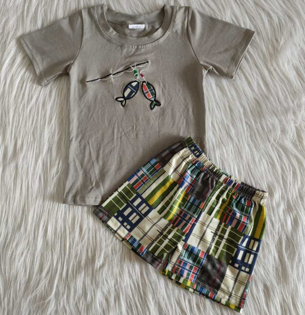 A3-12 Baby Boys Embroidery Fish Summer Shorts Sets