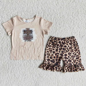 A16-11 Baby Girls Cross Short Sleeve Leopard Shorts Sets Summer Outfits