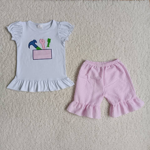 B3-1 Baby Girls Embroidery Tool Summer Shorts Sets