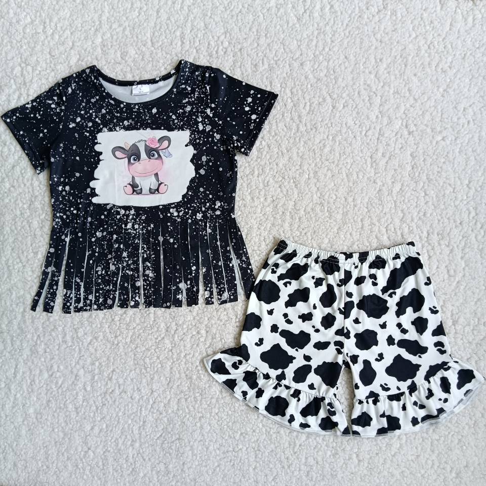 A5-23 Farm Baby Girls Cow Tassel Short Sleeve Shorts Sets Summer Outfits