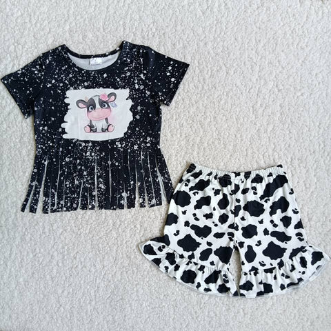 A5-23 Farm Baby Girls Cow Tassel Short Sleeve Shorts Sets Summer Outfits