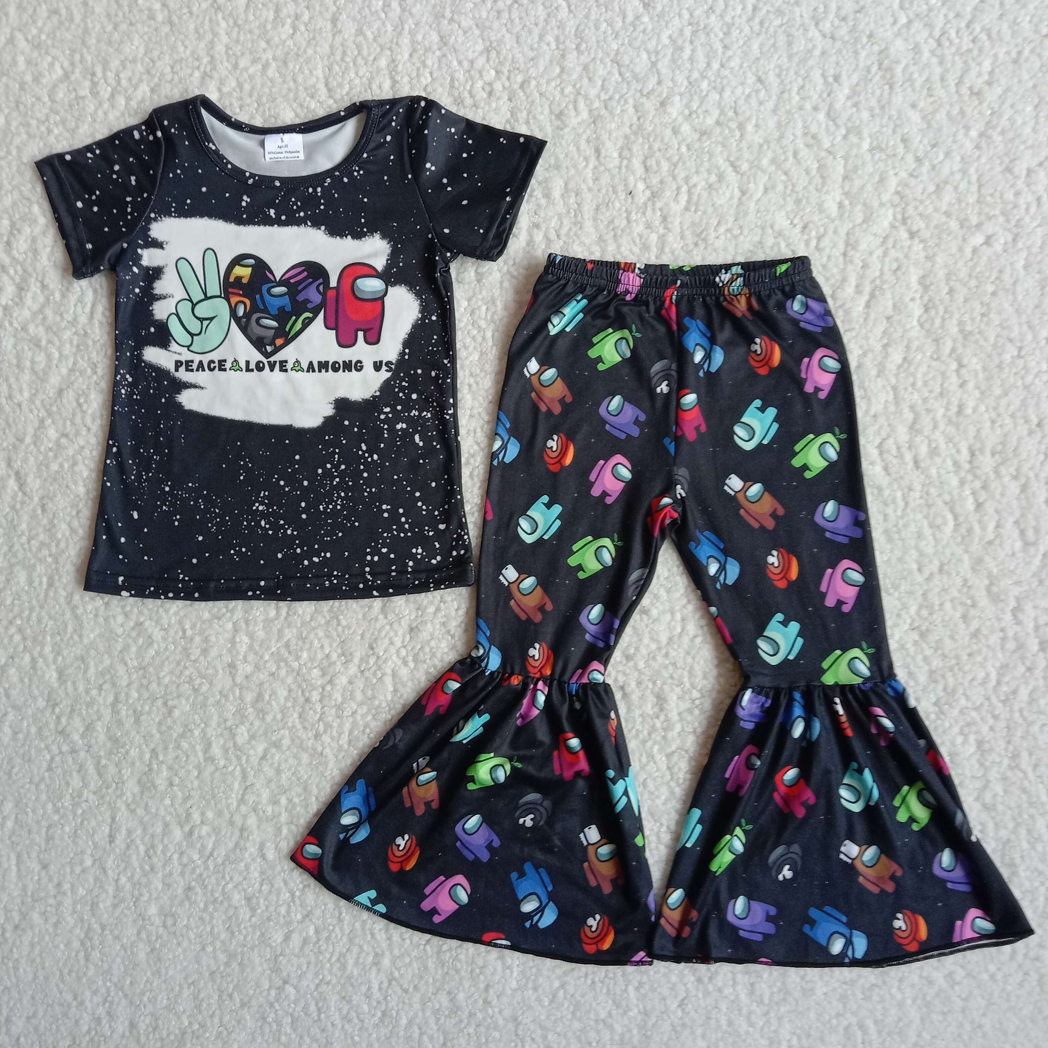 A14-16 Baby Girls Black Bleached Short Sleeve and Bell Bottoms Pants Sets