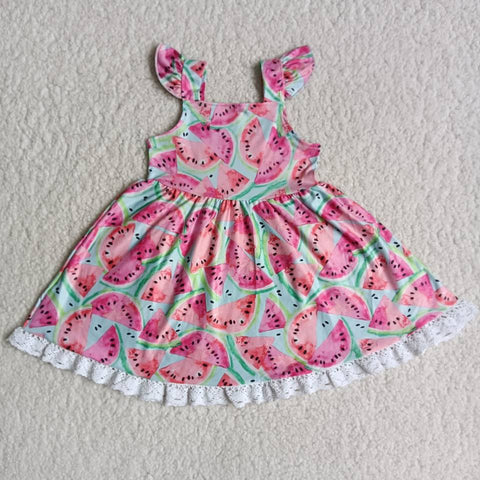 A9-10 Baby Girls Watermelon Lace Pearl Short Sleeve Dress